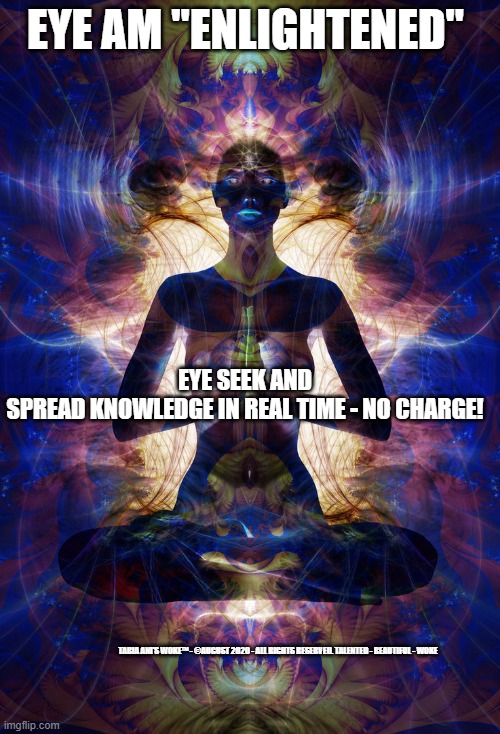 Eye Am Enlightened | EYE AM "ENLIGHTENED"; EYE SEEK AND SPREAD KNOWLEDGE IN REAL TIME - NO CHARGE! TABIA ANI'S WOKE™ - ©AUGUST 2020 - ALL RIGHTS RESERVED. TALENTED - BEAUTIFUL - WOKE | image tagged in enlightened,universal knowledge | made w/ Imgflip meme maker