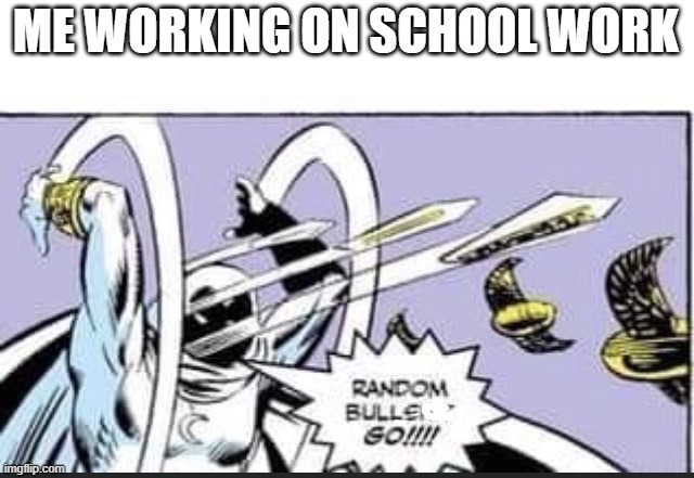 Random Bullshit Go | ME WORKING ON SCHOOL WORK | image tagged in random bullshit go | made w/ Imgflip meme maker