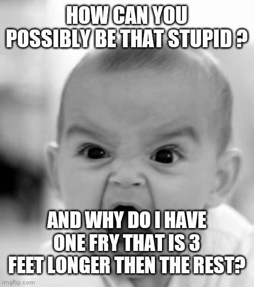 Angry Baby Meme | HOW CAN YOU POSSIBLY BE THAT STUPID ? AND WHY DO I HAVE ONE FRY THAT IS 3 FEET LONGER THEN THE REST? | image tagged in memes,angry baby | made w/ Imgflip meme maker