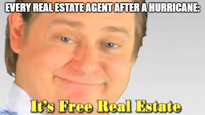 Literally every hurricane: | EVERY REAL ESTATE AGENT AFTER A HURRICANE: | image tagged in funny,it's free real estate | made w/ Imgflip meme maker
