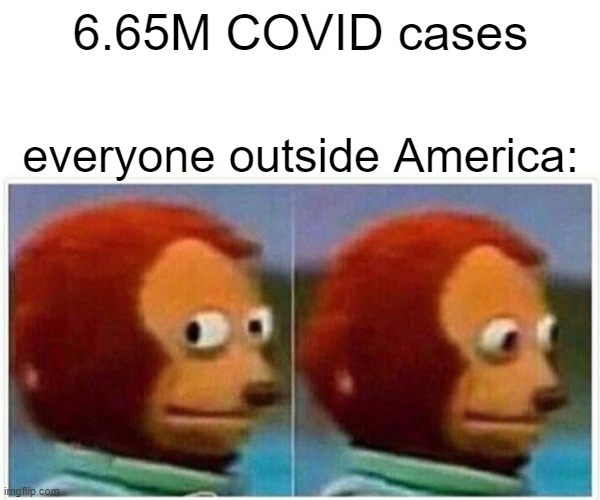 Monkey Puppet Meme | 6.65M COVID cases; everyone outside America: | image tagged in memes,monkey puppet | made w/ Imgflip meme maker