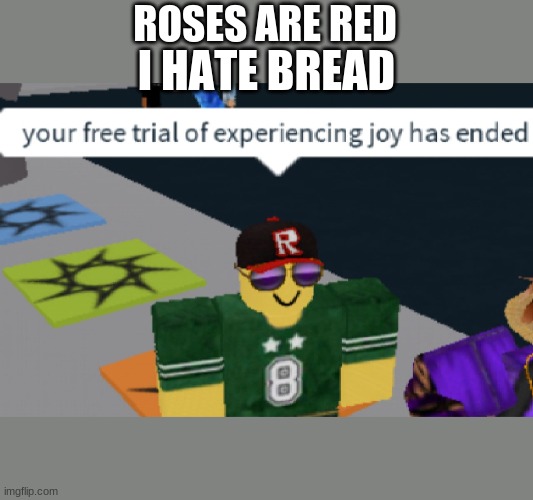 roses are violet | ROSES ARE RED; I HATE BREAD | image tagged in your free trial of experiencing joy has ended | made w/ Imgflip meme maker