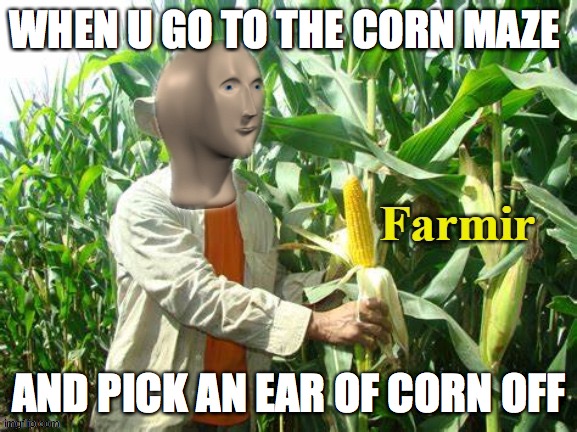 Stonks Farmir |  WHEN U GO TO THE CORN MAZE; AND PICK AN EAR OF CORN OFF | image tagged in stonks farmir | made w/ Imgflip meme maker