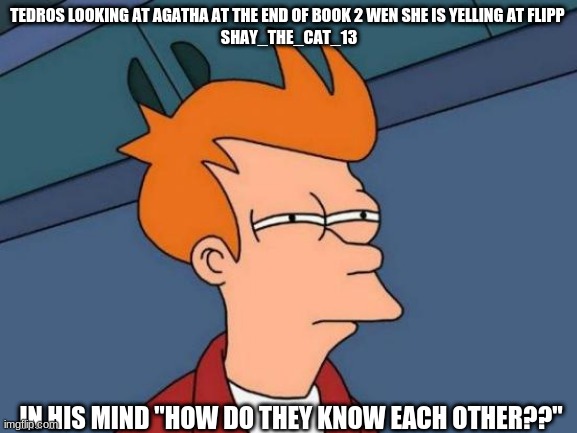 Futurama Fry Meme | TEDROS LOOKING AT AGATHA AT THE END OF BOOK 2 WEN SHE IS YELLING AT FLIPP 
SHAY_THE_CAT_13; IN HIS MIND "HOW DO THEY KNOW EACH OTHER??" | image tagged in memes,futurama fry | made w/ Imgflip meme maker