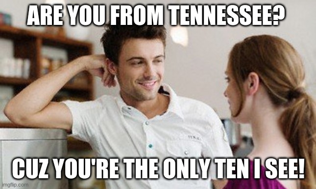 XDDDDDD | ARE YOU FROM TENNESSEE? CUZ YOU'RE THE ONLY TEN I SEE! | image tagged in flirt,memes,funny,pickup lines,tennessee,flirting | made w/ Imgflip meme maker