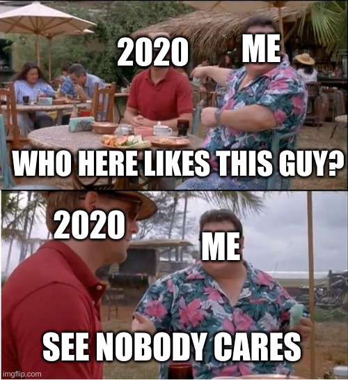 See Nobody Cares | ME; 2020; WHO HERE LIKES THIS GUY? 2020; ME; SEE NOBODY CARES | image tagged in memes,see nobody cares | made w/ Imgflip meme maker