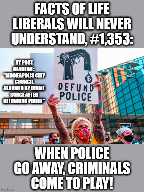 Part of our continuing series | FACTS OF LIFE LIBERALS WILL NEVER UNDERSTAND, #1,353:; NY POST HEADLINE:  "MINNEAPOLIS CITY COUNCIL ALARMED BY CRIME SURGE AFTER DEFUNDING POLICE"; WHEN POLICE GO AWAY, CRIMINALS COME TO PLAY! | image tagged in memes,stupid liberals,blm,defund police,when police go away criminals come to play,rioting and looting | made w/ Imgflip meme maker