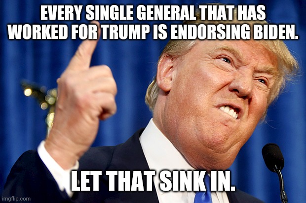 True patriots dont like trump | EVERY SINGLE GENERAL THAT HAS WORKED FOR TRUMP IS ENDORSING BIDEN. LET THAT SINK IN. | image tagged in donald trump,joe biden,election 2020,conservatives,maga,liberals | made w/ Imgflip meme maker
