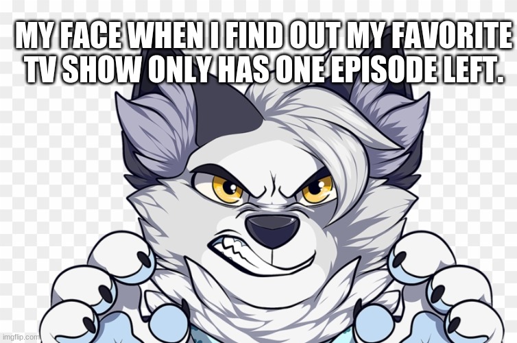 Fursona memes | MY FACE WHEN I FIND OUT MY FAVORITE TV SHOW ONLY HAS ONE EPISODE LEFT. | image tagged in furry,furries | made w/ Imgflip meme maker