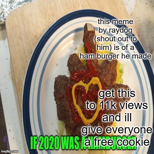 get this to 11k views | this meme by raydog (shout out to him) is of a ham burger he made; get this to 11k views and ill give everyone a free cookie | image tagged in funny,memes,relatable,raydog,2020,burger | made w/ Imgflip meme maker