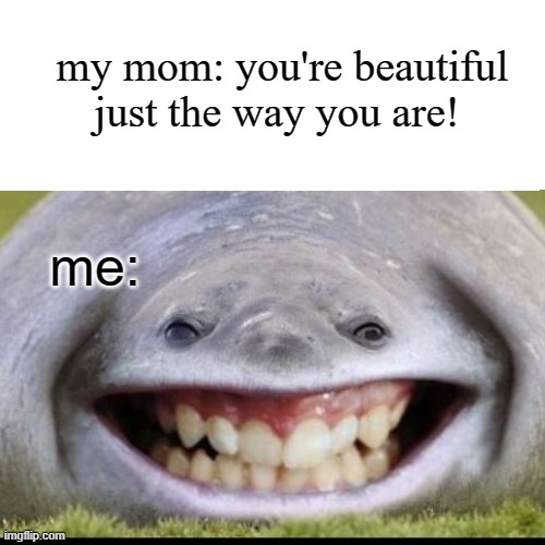 Me | my mom: you're beautiful just the way you are! me: | image tagged in fun,happy | made w/ Imgflip meme maker