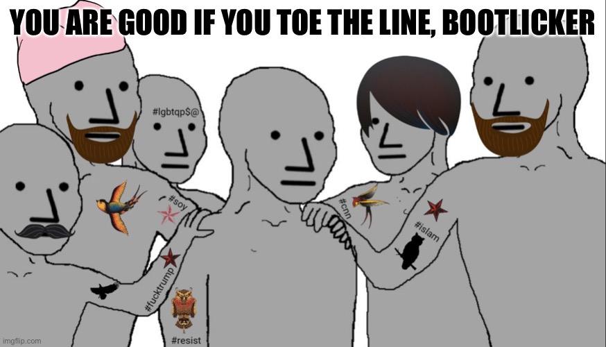 Toe the line, bootlicker | YOU ARE GOOD IF YOU TOE THE LINE, BOOTLICKER | image tagged in npc | made w/ Imgflip meme maker