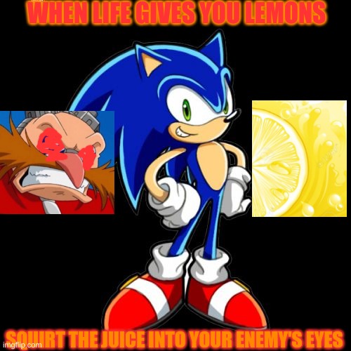 You're Too Slow Sonic | WHEN LIFE GIVES YOU LEMONS; SQUIRT THE JUICE INTO YOUR ENEMY'S EYES | image tagged in memes,you're too slow sonic | made w/ Imgflip meme maker