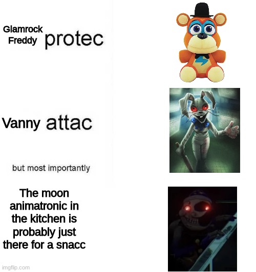 The FNAF Security Breach Teaser In a Nutshell | Glamrock Freddy; Vanny; The moon animatronic in the kitchen is probably just there for a snacc | image tagged in he protec he attac but most importantly,fnaf,five nights at freddys,fnaf security breach,five nights at freddy's security breach | made w/ Imgflip meme maker