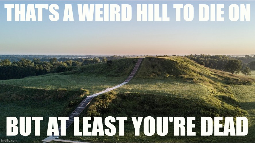 That's a weird hill to die on (Impact font) | THAT'S A WEIRD HILL TO DIE ON; BUT AT LEAST YOU'RE DEAD | image tagged in cahokia mounds,new template,custom template,insults,template,lol | made w/ Imgflip meme maker