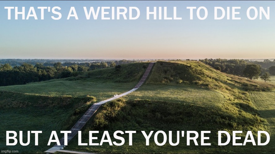 That's a weird hill to die on (Franklin Gothic Medium) | THAT'S A WEIRD HILL TO DIE ON; BUT AT LEAST YOU'RE DEAD | image tagged in cahokia mounds,new template,custom template,lol,insult,template | made w/ Imgflip meme maker