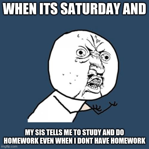 Y U No Meme | WHEN ITS SATURDAY AND; MY SIS TELLS ME TO STUDY AND DO HOMEWORK EVEN WHEN I DONT HAVE HOMEWORK | image tagged in memes,y u no | made w/ Imgflip meme maker
