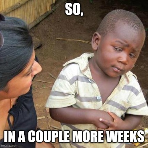 Third World Skeptical Kid | SO, IN A COUPLE MORE WEEKS | image tagged in covid-19,quarantine,keep calm and meme | made w/ Imgflip meme maker