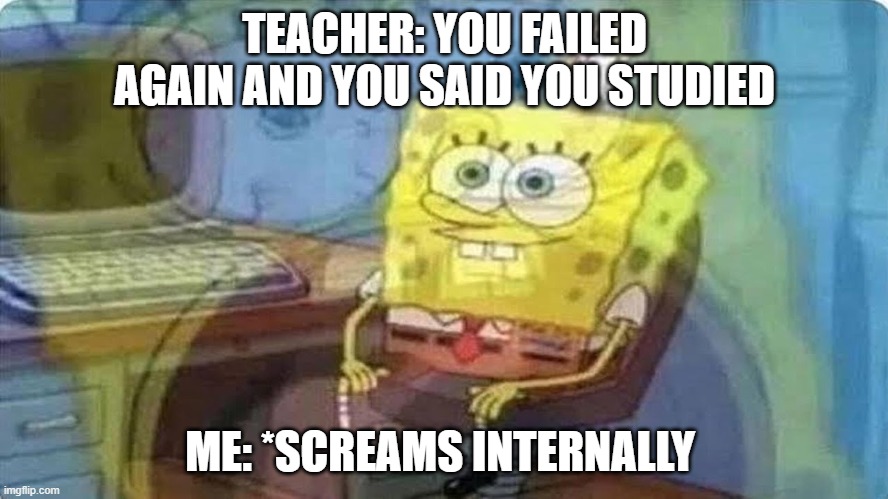 Me trying to study | TEACHER: YOU FAILED AGAIN AND YOU SAID YOU STUDIED; ME: *SCREAMS INTERNALLY | image tagged in sponge bob screaming internally | made w/ Imgflip meme maker