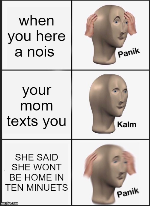 Panik Kalm Panik | when you here a nois; your mom texts you; SHE SAID SHE WONT BE HOME IN TEN MINUETS | image tagged in memes,panik kalm panik | made w/ Imgflip meme maker