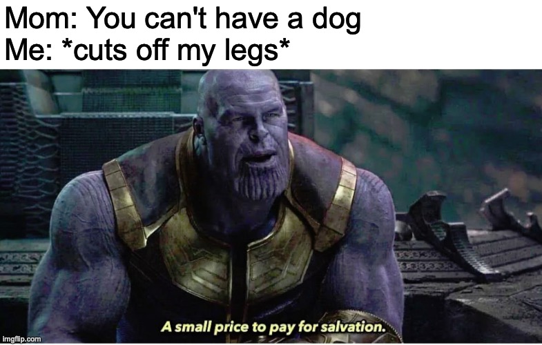 a small price | Mom: You can't have a dog
Me: *cuts off my legs* | image tagged in a small price to pay for salvation | made w/ Imgflip meme maker