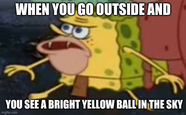 what be that? | WHEN YOU GO OUTSIDE AND; YOU SEE A BRIGHT YELLOW BALL IN THE SKY | image tagged in memes,spongegar | made w/ Imgflip meme maker
