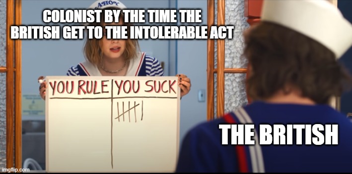 Civics class meme | COLONIST BY THE TIME THE BRITISH GET TO THE INTOLERABLE ACT; THE BRITISH | image tagged in stranger things,robin stranger things meme,civics,intolerance,memes | made w/ Imgflip meme maker