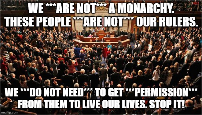 You Are CITIZENS, Not SUBJECTS. Start Acting Like It. | WE ***ARE NOT*** A MONARCHY. THESE PEOPLE ***ARE NOT*** OUR RULERS. WE ***DO NOT NEED*** TO GET ***PERMISSION*** FROM THEM TO LIVE OUR LIVES. STOP IT! | image tagged in congress,the us is not a monarchy,we don't have rulers,stop it | made w/ Imgflip meme maker