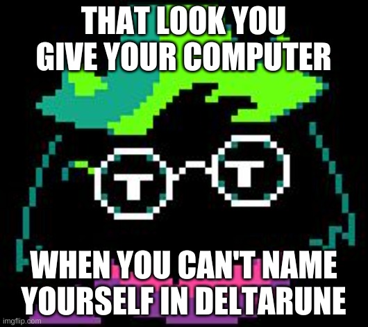 Non-Impressed Ralsei | THAT LOOK YOU GIVE YOUR COMPUTER; WHEN YOU CAN'T NAME YOURSELF IN DELTARUNE | image tagged in non-impressed ralsei | made w/ Imgflip meme maker