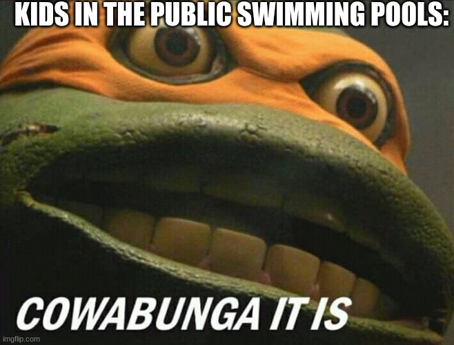 pools | KIDS IN THE PUBLIC SWIMMING POOLS: | image tagged in cowabunga it is | made w/ Imgflip meme maker