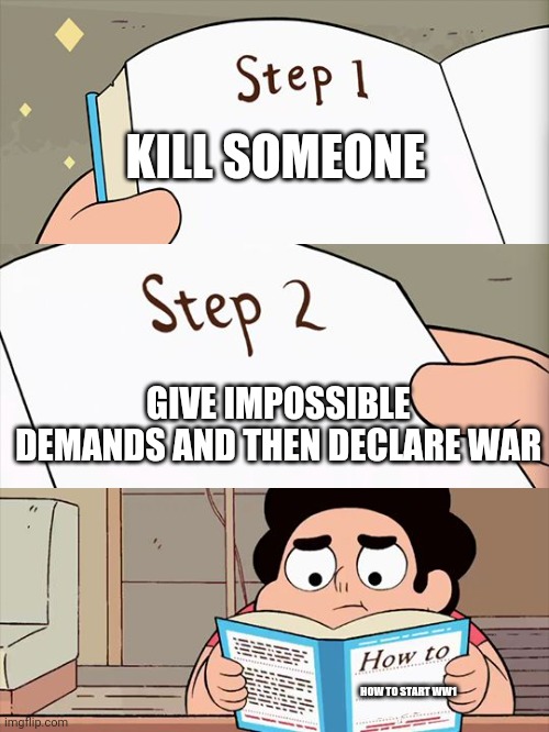 Steven Universe | KILL SOMEONE; GIVE IMPOSSIBLE DEMANDS AND THEN DECLARE WAR; HOW TO START WW1 | image tagged in steven universe | made w/ Imgflip meme maker