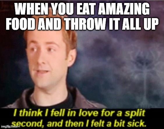I think I fell in love for a split second | WHEN YOU EAT AMAZING FOOD AND THROW IT ALL UP | image tagged in i think i fell in love for a split second | made w/ Imgflip meme maker