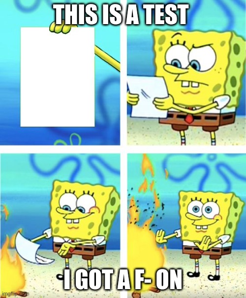 Spongebob Burning Paper | THIS IS A TEST; I GOT A F- ON | image tagged in spongebob burning paper | made w/ Imgflip meme maker