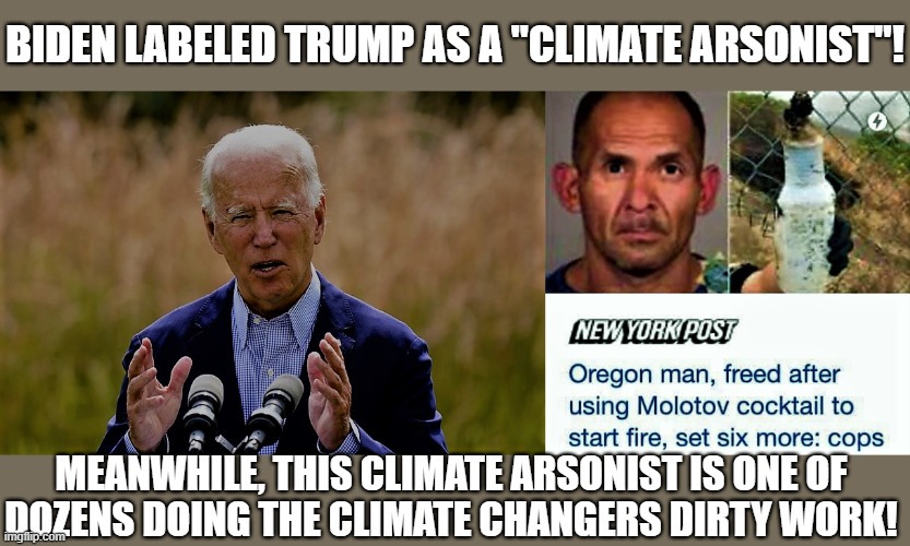 biden in a field | BIDEN LABELED TRUMP AS A "CLIMATE ARSONIST"! MEANWHILE, THIS CLIMATE ARSONIST IS ONE OF 
DOZENS DOING THE CLIMATE CHANGERS DIRTY WORK! | image tagged in political meme,joe biden,climate change,global warming,arson,forest fire | made w/ Imgflip meme maker