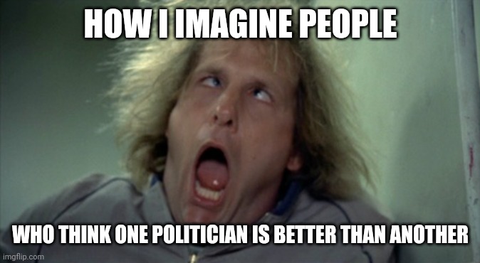 Politics is dumb | HOW I IMAGINE PEOPLE; WHO THINK ONE POLITICIAN IS BETTER THAN ANOTHER | image tagged in memes,scary harry,politicians suck,trump,biden | made w/ Imgflip meme maker