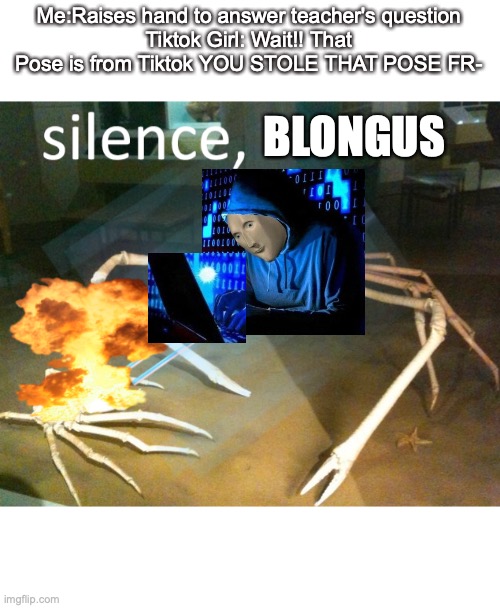 SILENCE, BLONGUS (you are not worthy of existence) | Me:Raises hand to answer teacher's question
Tiktok Girl: Wait!! That Pose is from Tiktok YOU STOLE THAT POSE FR-; BLONGUS | image tagged in silence crab,stonks,hac,blongus,tiktok | made w/ Imgflip meme maker