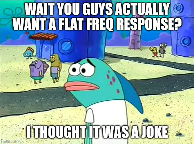 Spongebob I thought it was a joke | WAIT YOU GUYS ACTUALLY WANT A FLAT FREQ RESPONSE? I THOUGHT IT WAS A JOKE | image tagged in spongebob i thought it was a joke | made w/ Imgflip meme maker