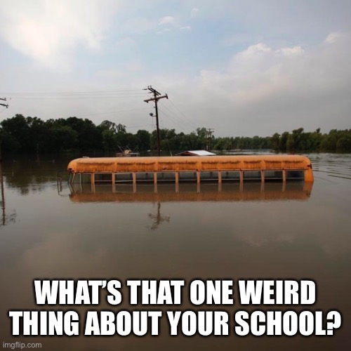 What’s that one weird thing at school? It can be a rule, teacher, event, or anything else! | WHAT’S THAT ONE WEIRD THING ABOUT YOUR SCHOOL? | image tagged in flooded school bus,school | made w/ Imgflip meme maker