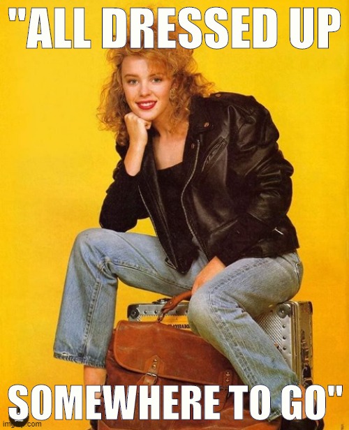 A girl going somewhere in the 80s. Colorized. | "ALL DRESSED UP; SOMEWHERE TO GO" | image tagged in kylie luggage,jeans,80s,girl,luggage,suitcase | made w/ Imgflip meme maker