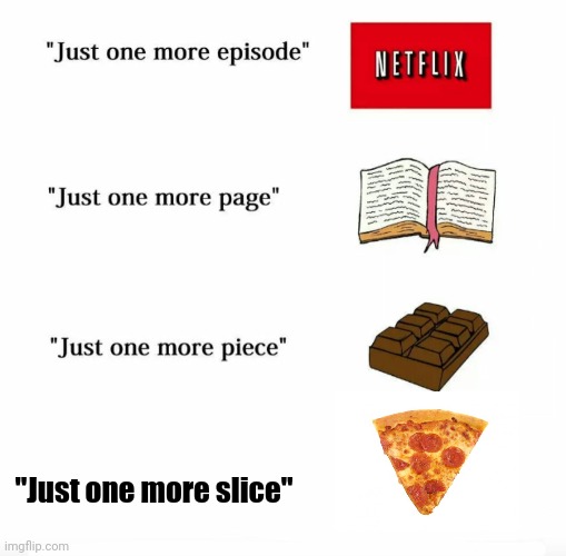 I'm Bored Right Now | "Just one more slice" | image tagged in just one more | made w/ Imgflip meme maker