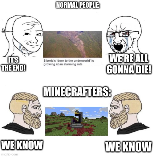 real life portrayed by minecraft? | NORMAL PEOPLE:; WE'RE ALL GONNA DIE! IT'S THE END! MINECRAFTERS:; WE KNOW; WE KNOW | image tagged in chad we know,minecraft,the end is near | made w/ Imgflip meme maker