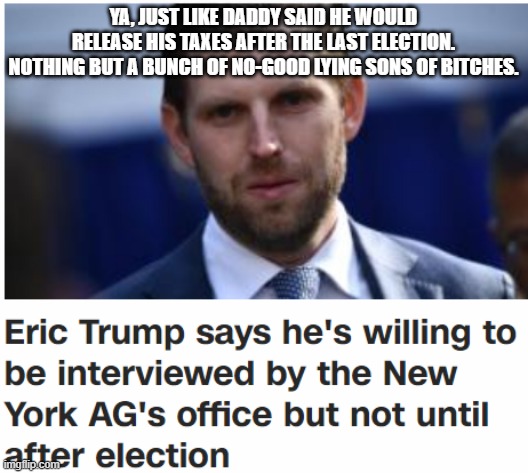 Eric the Stunned | YA, JUST LIKE DADDY SAID HE WOULD RELEASE HIS TAXES AFTER THE LAST ELECTION. NOTHING BUT A BUNCH OF NO-GOOD LYING SONS OF BITCHES. | image tagged in eric trump,nyag,sdny,embezzling,trump foundation,crooks | made w/ Imgflip meme maker