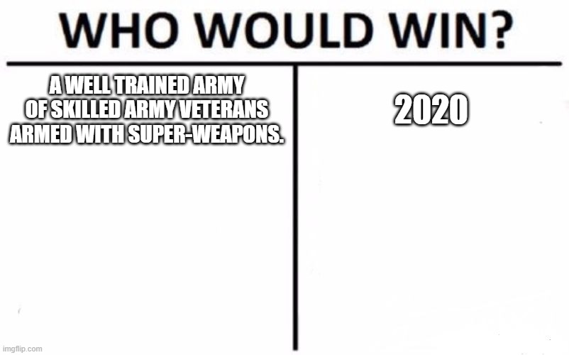 Who Would Win? Meme | A WELL TRAINED ARMY OF SKILLED ARMY VETERANS ARMED WITH SUPER-WEAPONS. 2020 | image tagged in memes,who would win | made w/ Imgflip meme maker