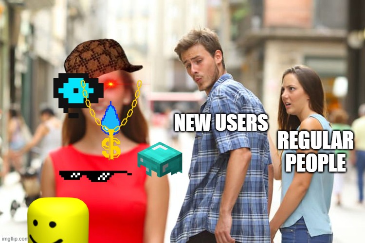 imgflip in a very correct nutshell | NEW USERS; REGULAR PEOPLE | image tagged in memes,distracted boyfriend | made w/ Imgflip meme maker