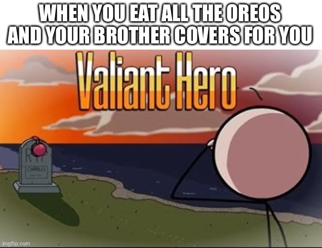 WHEN YOU EAT ALL THE OREOS AND YOUR BROTHER COVERS FOR YOU | image tagged in valianthero | made w/ Imgflip meme maker