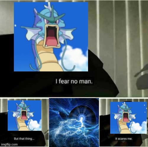 I fear no man | image tagged in i fear no man,gyarados,electric,pokemon,type advantages | made w/ Imgflip meme maker