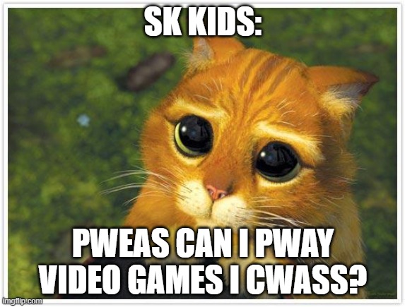 Shrek Cat Meme | SK KIDS:; PWEAS CAN I PWAY VIDEO GAMES I CWASS? | image tagged in memes,shrek cat | made w/ Imgflip meme maker
