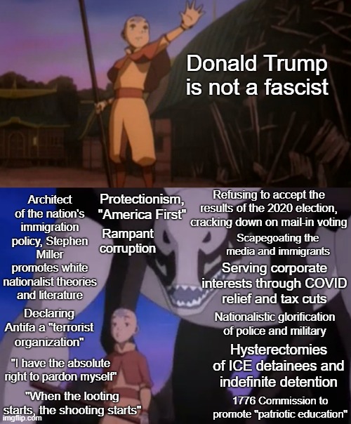 Trump is a fascist | Donald Trump is not a fascist; Architect of the nation's immigration policy, Stephen Miller promotes white nationalist theories and literature; Protectionism, "America First"; Refusing to accept the results of the 2020 election, cracking down on mail-in voting; Rampant corruption; Scapegoating the media and immigrants; Serving corporate interests through COVID
relief and tax cuts; Declaring Antifa a "terrorist organization"; Nationalistic glorification of police and military; Hysterectomies of ICE detainees and indefinite detention; "I have the absolute right to pardon myself"; "When the looting starts, the shooting starts"; 1776 Commission to promote "patriotic education" | image tagged in hei bei and aang,fascism,fascist,donald trump,trump,hitler | made w/ Imgflip meme maker