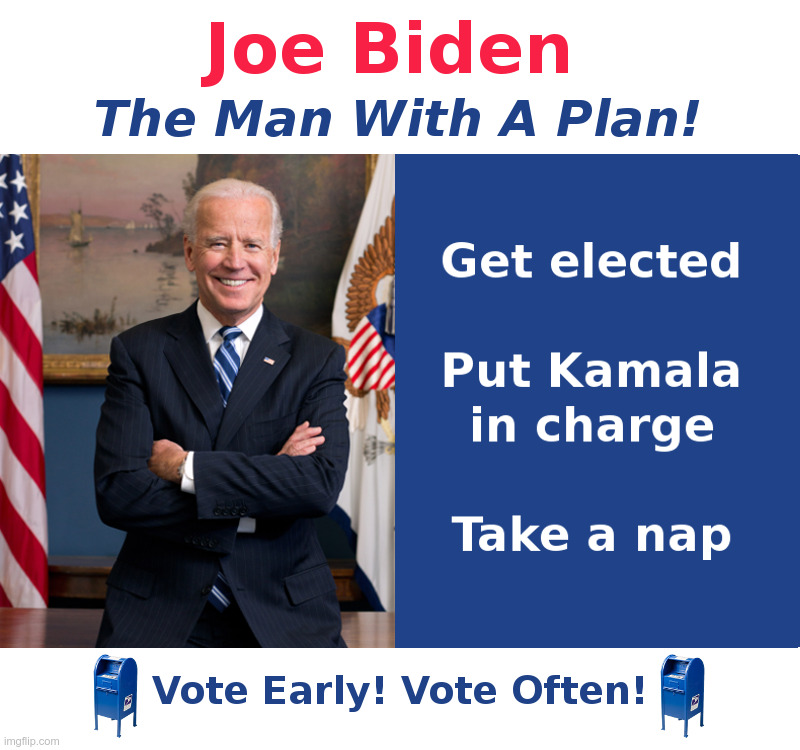 Joe Biden: The Man With A Plan! | image tagged in joe biden,kamala harris,democrats,presidential candidates,presidential race,voter fraud | made w/ Imgflip meme maker
