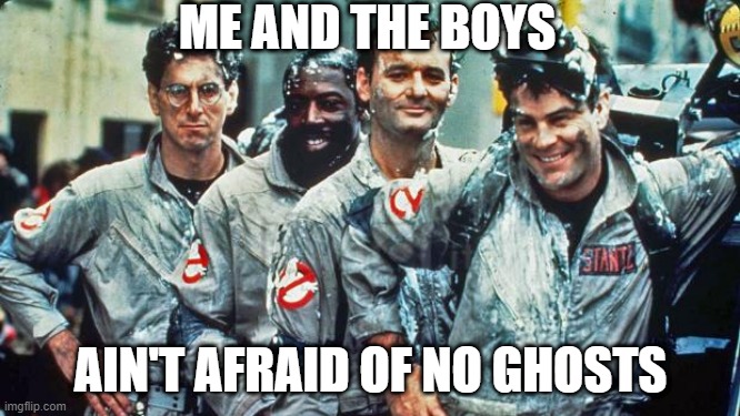 Who Ya Gonna Call? | ME AND THE BOYS; AIN'T AFRAID OF NO GHOSTS | image tagged in ghostbusters | made w/ Imgflip meme maker